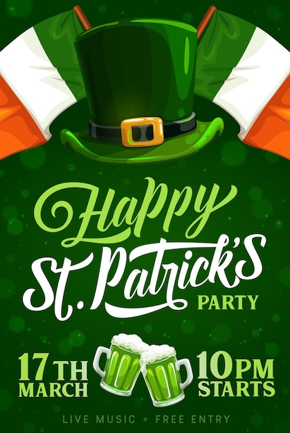 Cartaz de convite de festa do dia de são patrício com bandeiras da irlanda, chapéu de duende com canecas de cerveja de ans de fivela dourada. feliz dia de são patrício, festa em bar e pub, celebração tradicional do feriado irlandês