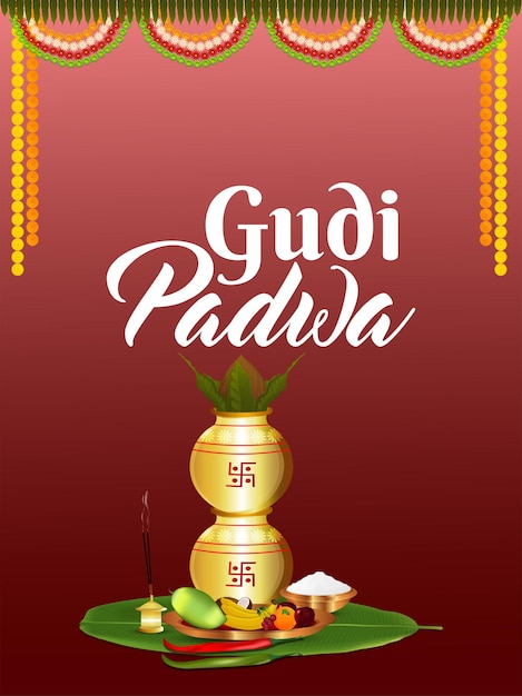 Cartaz de convite feliz gudi padwa com kalash criativo