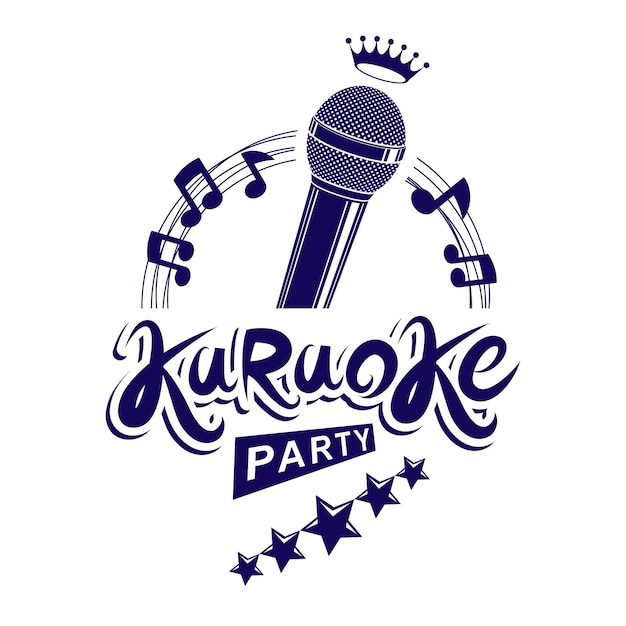 Vetor cartaz de convite para festa de karaokê, folheto de publicidade de concerto de vetor de música ao vivo composto usando microfone de palco ou gravador e notas musicais.