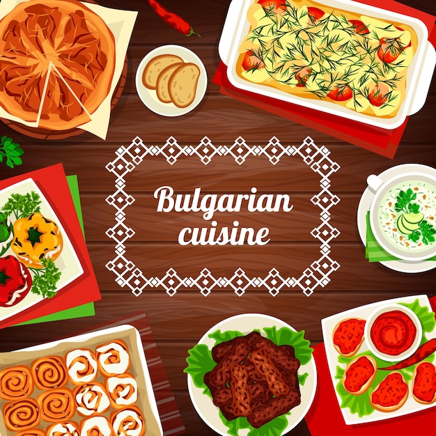 Vetor cartaz de desenho animado de culinária búlgara refeições búlgaras