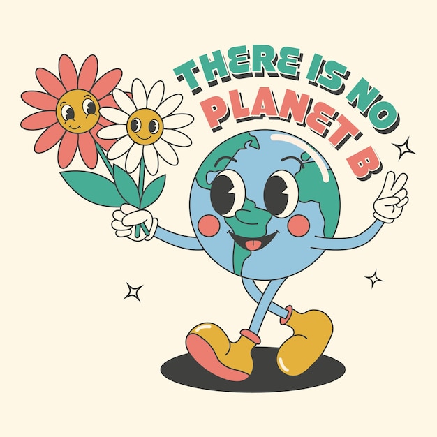 Cartaz de desenho animado do dia da terra y2k groovy proteção ambiental não há slogan do planeta b