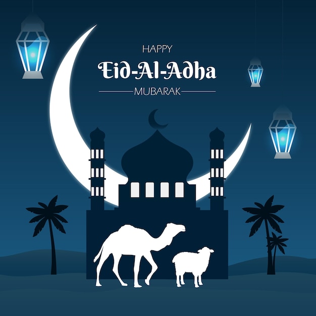 Vetor cartaz de eid al adha mesquita lua