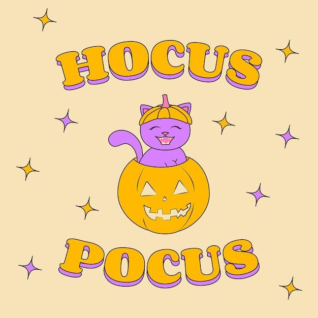 Cartaz de estilo groovy hocus pocus para o feriado de halloween gato bonito em abóbora