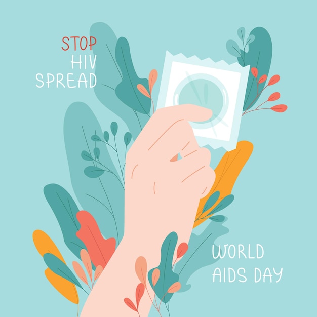 Vetor cartaz de estilo plano de vetor. dia mundial da aids. mão com preservativo em fundo de flor.