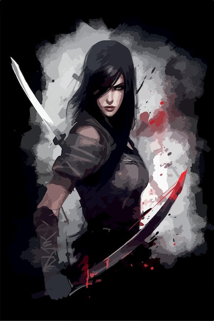 Vetor cartaz de fantasia de assassina de mulher épica guerreira escura e habilidosa senhora medieval com katana