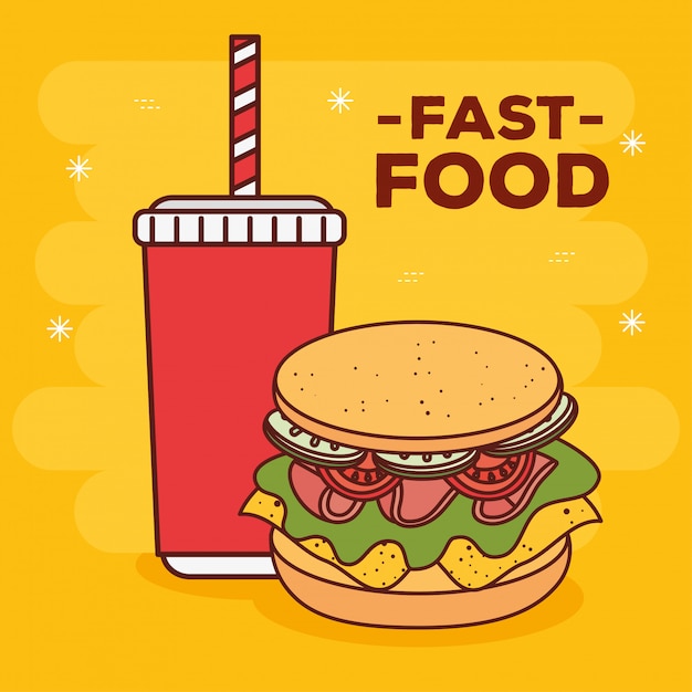 Cartaz de fast food, sanduíche com garrafa de bebida
