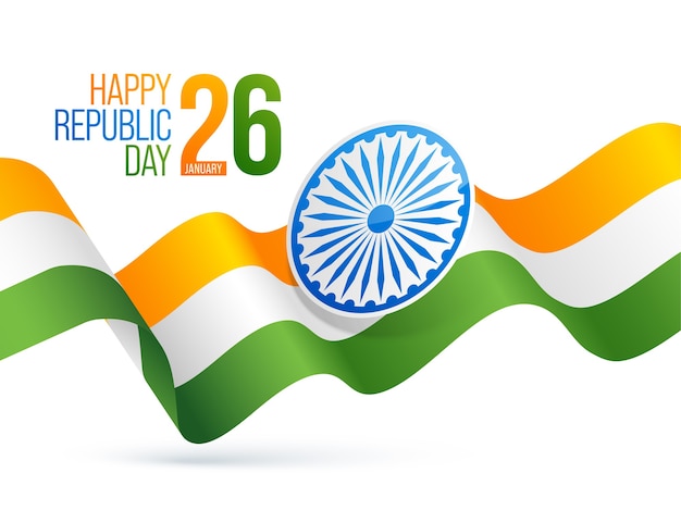 Vetor cartaz de feliz dia da república com roda de ashoka e fita tricolor ondulada em fundo branco.
