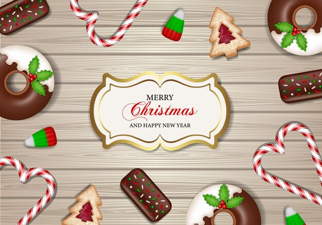 Vetor cartaz de feliz natal com doces em fundo de madeira