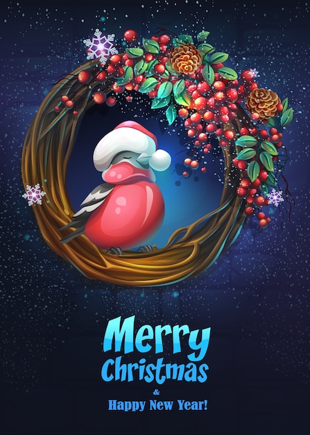 Cartaz de feliz Natal com pássaro de Natal em uma coroa de flores