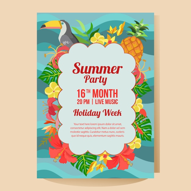 Cartaz de festa de férias de verão com estilo simples de tema tropical
