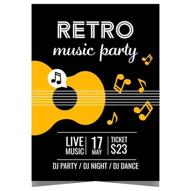 Cartaz de festa de música retrô com guitarra amarela e notas musicais em fundo preto