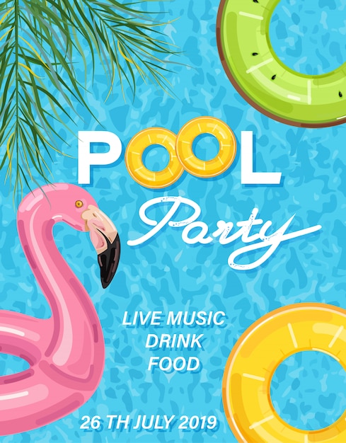 Vetor cartaz de festa de piscina de verão com flamingo
