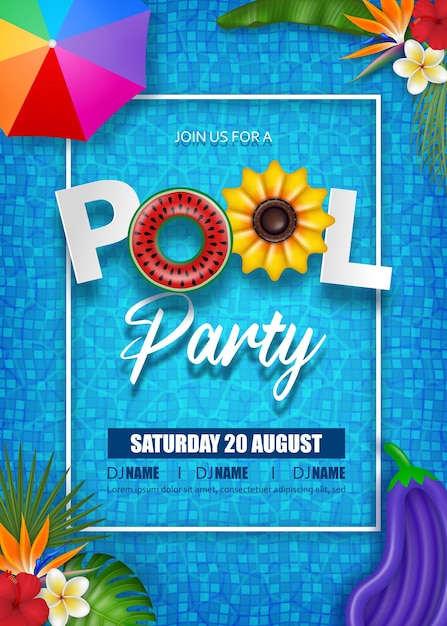 Vetor cartaz de festa na piscina de verão com folhas tropicais infláveis e guarda-chuva de praia no fundo da água