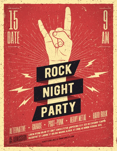 Vetor cartaz de festa noite de rock. folheto. ilustração com estilo vintage.