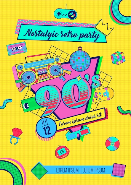 Cartaz de festa retrô colorido nostálgico de memphis dos anos 90 e 80