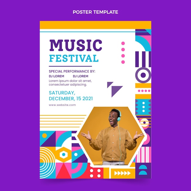 Cartaz de festival de música em mosaico de design plano