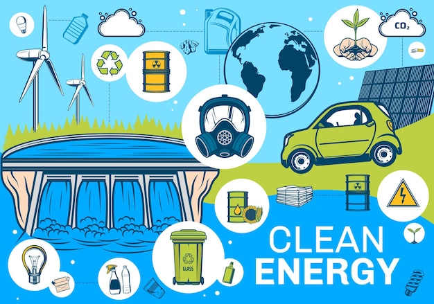 Vetor cartaz de fontes de energia alternativas de terra limpa