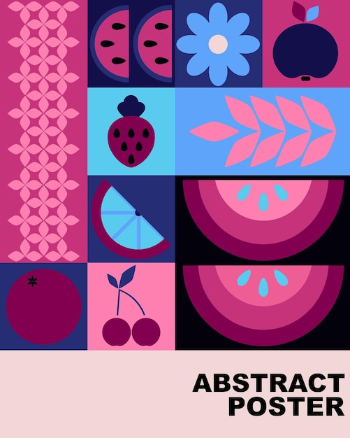 Cartaz de frutas bauhaus alimentos geométricos abstratos padrão azul e rosa colorido brilhante formas simples fundo orgânico natural banner moderno ou design de agricultura de cartão ilustração vetorial