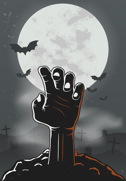 Vetor cartaz de halloween com mão de zumbi e fundo de halloween de morcegos