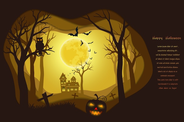 Cartaz de Halloween no fundo de arte de papel escuro