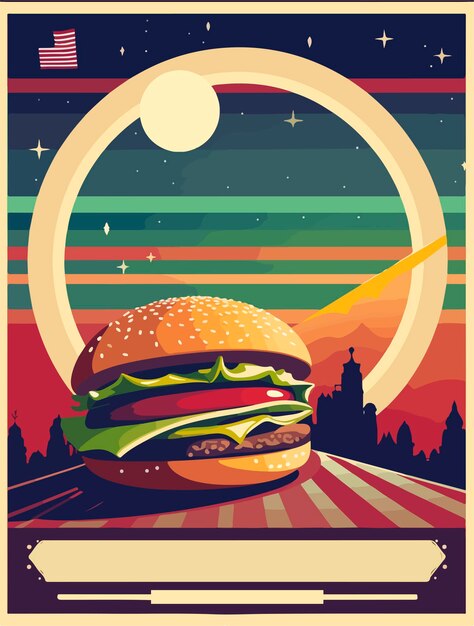 Cartaz de hambúrguer Arte de cartaz de estilo antigo Hambúrguer grande em estilo retrô Design de capa de vetor de menu de fast food Espaço para texto