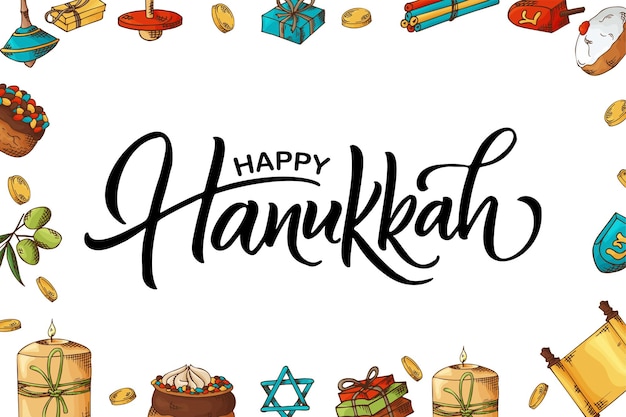 Cartaz de hanukkah feliz com letras elementos desenhados à mão em estilo de desenho citação de caligrafia