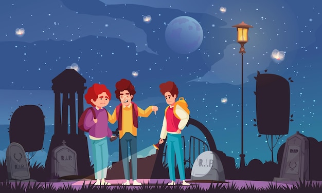 Vetor cartaz de história de terror infantil com adolescentes no cemitério durante a ilustração vetorial de desenho animado noturno
