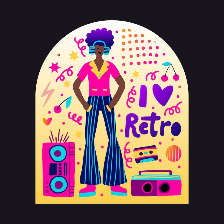 Vetor cartaz de homem afro-americano de música retrô dos anos 80 com letras de gradiente dança de discoteca vintage dos anos 70