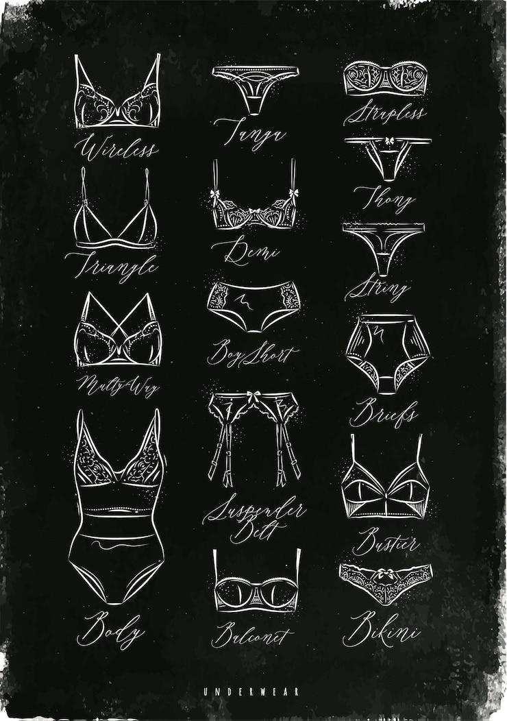 Vetor cartaz de ícones de roupas íntimas clássicas em estilo vintage, desenhando com giz no quadro-negro