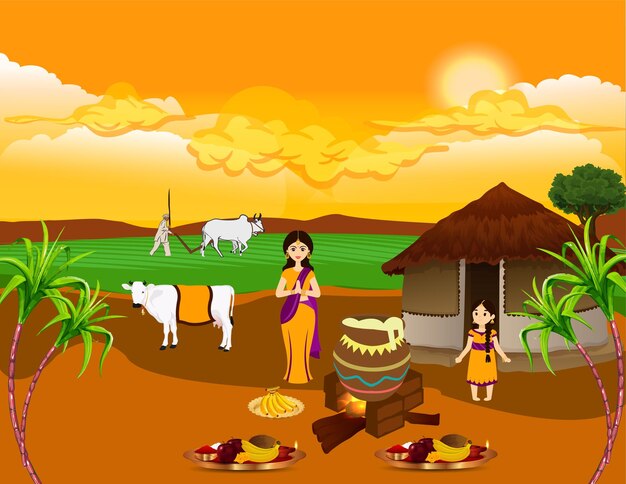 Vetor cartaz de ilustração vetorial do festival de colheita happy pongal de tamil nadu