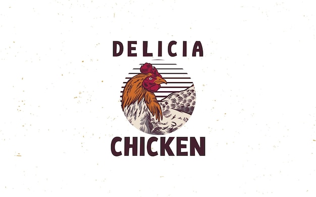 Cartaz de impressão retrô com logotipo vintage de cabeça de galo para açougue de aves domésticas com tipografia de texto