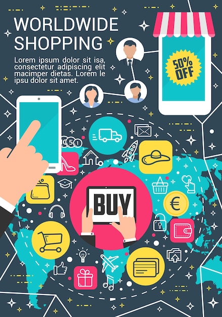 Cartaz de internet vetorial de compras online em todo o mundo