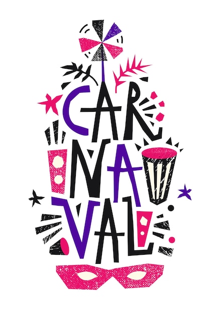 Vetor cartaz de letering de carnaval vetorial com elementos desenhados à mão evento popular no título de carnaval de clima festivo do brasil