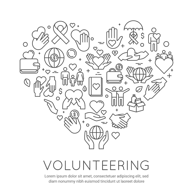 Vetor cartaz de linha de voluntário. bandeira de caridade e doação, ícones em forma de coração. trabalho voluntário de assistência social. atividade ajudando pessoas, conceito de vetor. ilustrar cuidados voluntários e doar, trabalhar sem fins lucrativos
