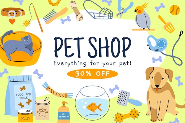Cartaz de loja de animais Produtos de cuidados para animais domésticos, brinquedos de comida para cães e gatos, peixe de aquário e conceito de vetor de banner de venda com desconto de papagaio
