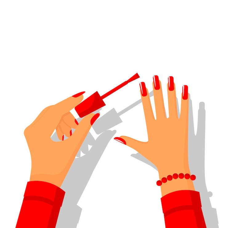 Vetor cartaz de manicure modelo produtos cosméticos cuidados com o corpo web design mulher elegante mãos pintando unhas beleza feminina ilustração vetorial estilo plano isolado no fundo branco