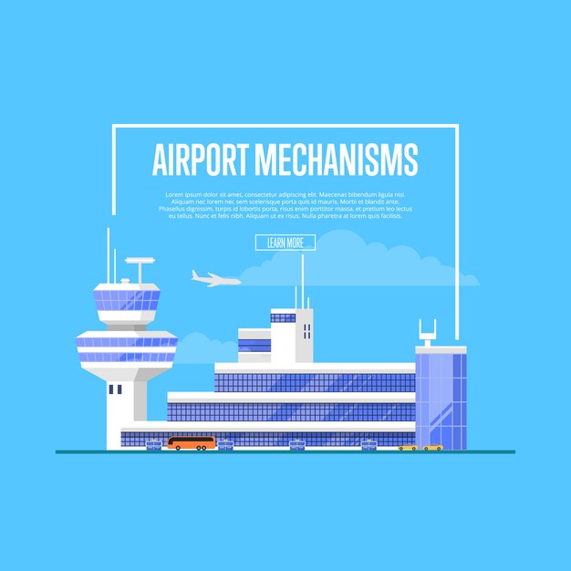 Cartaz de mecanismos de aeroporto com terminal aéreo moderno