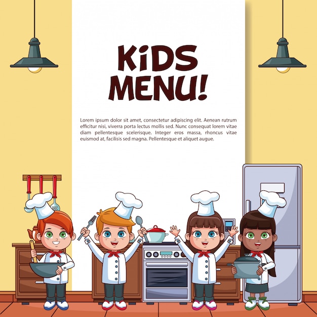 Cartaz de menu de crianças com pequenos chefs em desenhos animados de cozinha