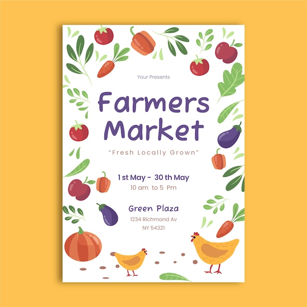 Vetor cartaz de mercado de agricultores de design plano desenhado à mão