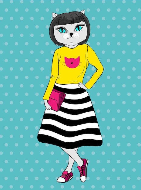 Cartaz de moda hipster bonito com gato. ilustrações vetoriais