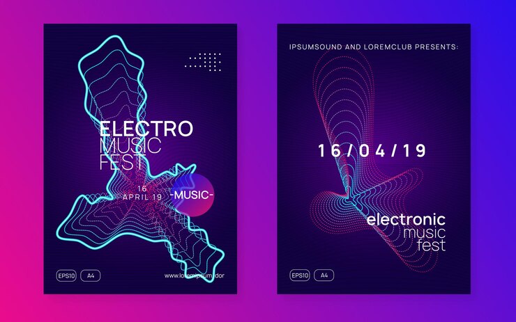 Vetor cartaz de música. forma e linha fluidas dinâmicas. conjunto de banner do show criativo. cartaz de música neon. electro dance dj. festival de som eletrônico. folheto de evento do clube. festa techno trance.