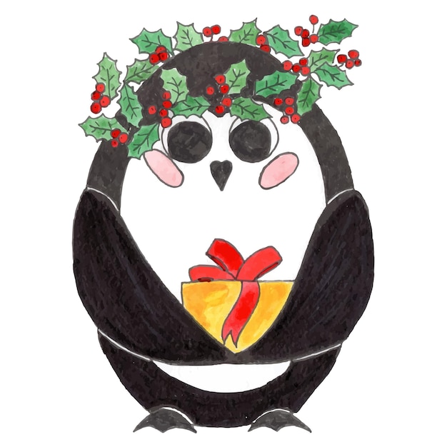 Cartaz de natal com pinguim. aquarela