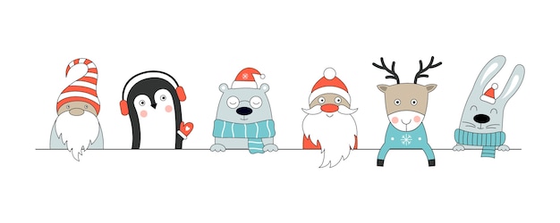 Cartaz de natal com veado, lebre, pinguim, urso polar, gnomo, papai noel.