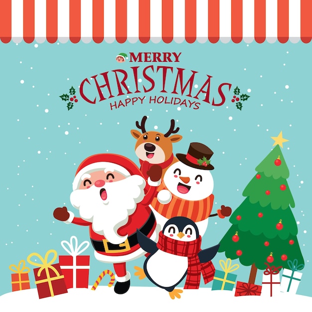 Cartaz de Natal vintage com personagens de renas duendes do boneco de neve do Papai Noel do pinguim de vetor