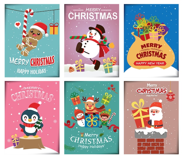 Cartaz de natal vintage com vetor boneco de neve e pinguim de rena papai noel