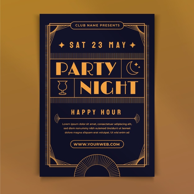 Vetor cartaz de noite de festa em estilo art déco em design plano