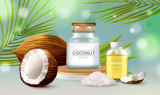 Vetor cartaz de óleo de coco pacote transparente de sabão e creme de leite loção cosmética coco produto orgânico natural em tubo folhas tropicais de palma em fundo maquete de ilustração vetorial