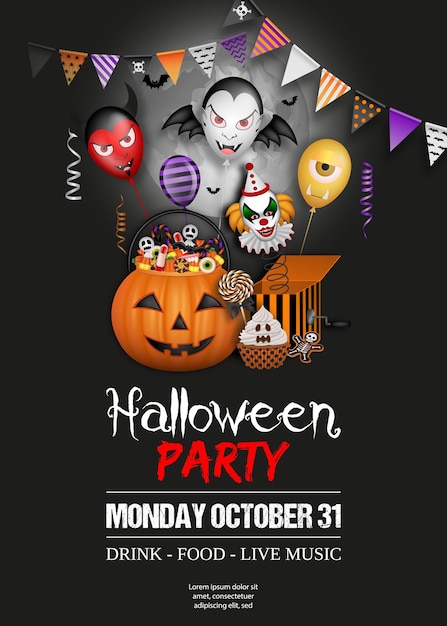 Cartaz de paerty de halloween com balde de abóbora com doces e balões coloridos