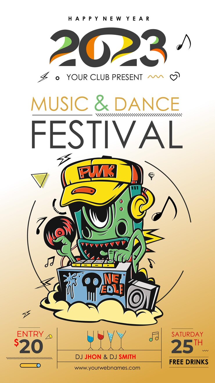 Cartaz de panfleto de evento de festa de música de ano novo de 2023 para postagem de mídia social