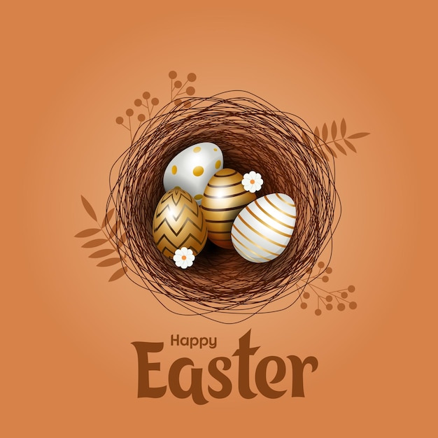 Vetor cartaz de páscoa e modelo de banner com ovos de páscoa no ninho em fundo verde clarosaudações a